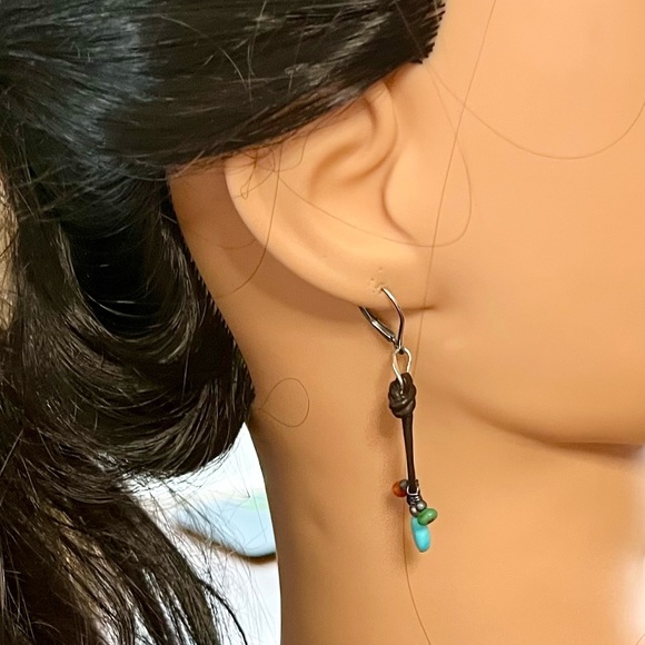 925 leather dangling pierced earrings w/faux stones jewelry - Picture 7 of 16